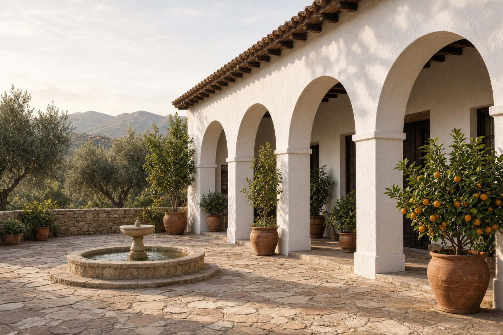 Courtyard of a Spanish villa: limewashed walls, a row of stone arches, and a small fountain.