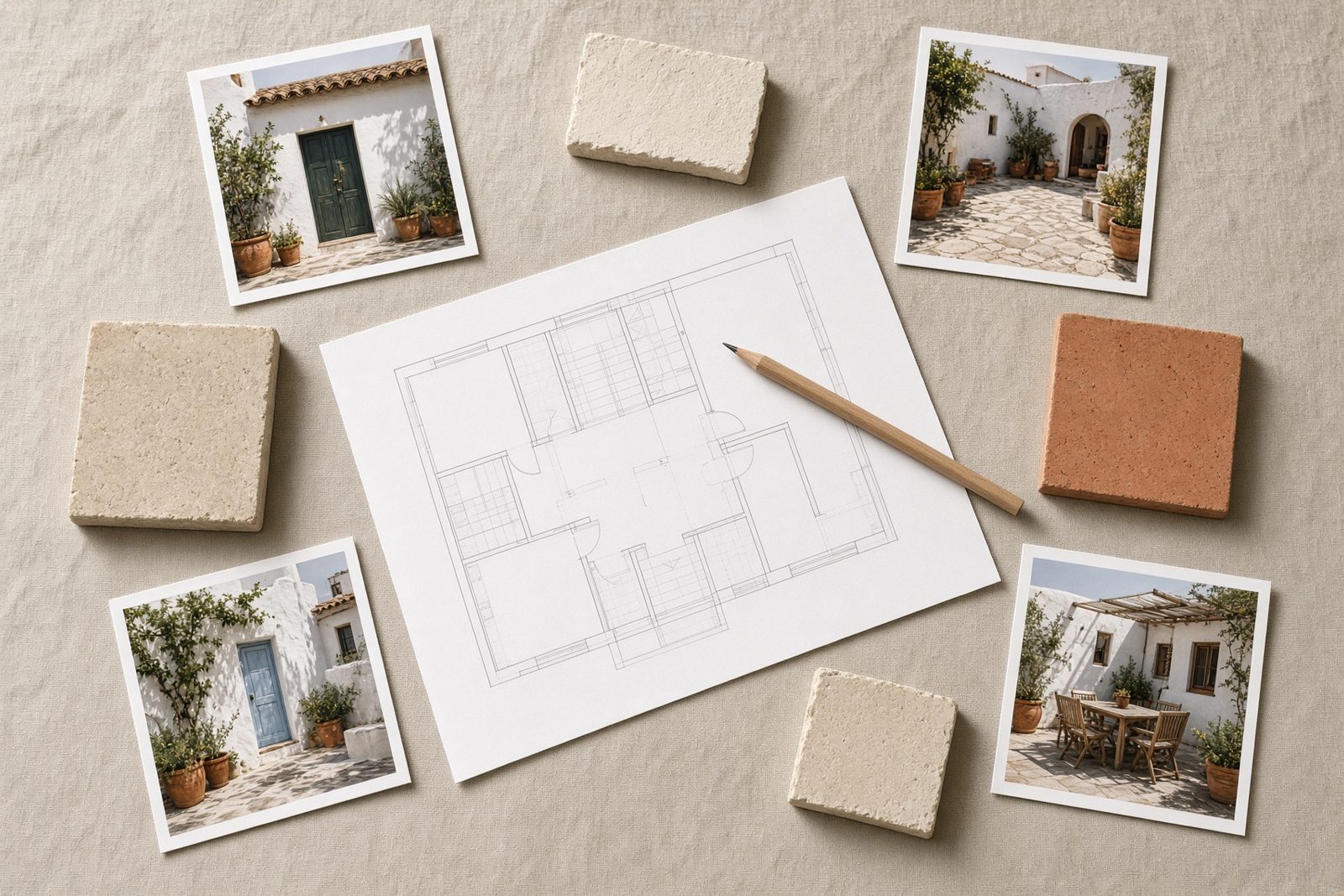 A floor plan, photographs of houses, and material samples laid out on a table.