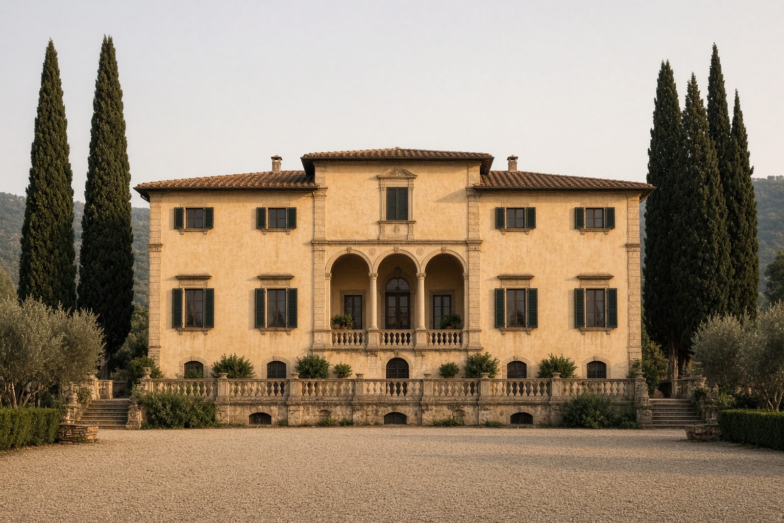 A symmetrical Italian villa in warm stucco, with a clay tile roof, a centered loggia, and cypress trees.